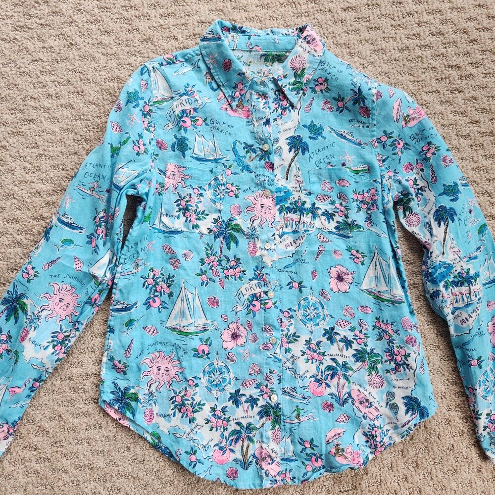 Lilly Pulitzer Sea View Linen Button-Down Blouse Shirt Florida Road Trip XS NWOT